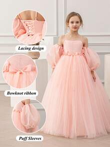 少女泡泡袖细肩带蝴蝶结装饰网眼公主裙，适合生日派对、花童、婚礼、舞会、节日场合