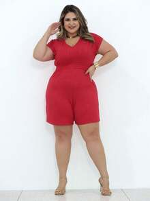 Macaquinho Feminino Plus Size Malha Trabalhada Vicenza Short Liso Elegante - Vermelho - Visão 7