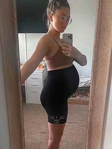 Legging de Cintura Alta Cor de Pele para Gestantes, Calcinha e Legging de Cor Sólida com Barra de Renda para Gravidez - Preto - Visão 6