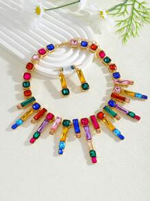 3 件优雅奢华彩色水晶项链吊坠耳环套装，闪亮钻石颈链项链项圈耳环套装，项链吊坠项链耳环，适合女性水晶派对、宴会、晚宴、时尚百搭