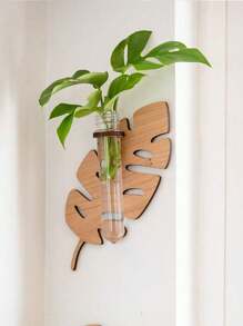 1 件装新款叶形木质空心植物迷你花瓶透明水培绿花盆壁挂装饰吊坠，可作为节日礼物客厅阳台绿植装饰