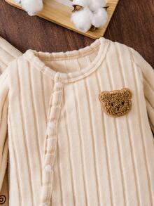 Bhchntiy 2件套婴儿秋冬新款可爱熊印花纯色毛绒罗纹圆领连脚裤休闲时尚服装 - 米色 - 查看 3