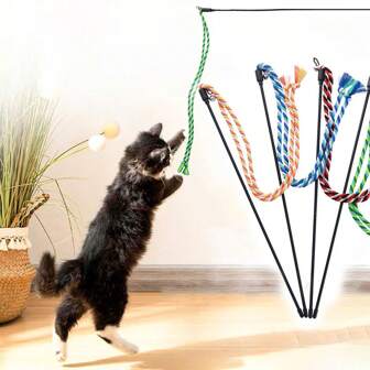 1pc Colorful Dual Sisal Rope Cat Teaser Wand Toy, Elastic Playful Stick With Bell, Safe Indoor Cat Toy For Pet Play And Chewing