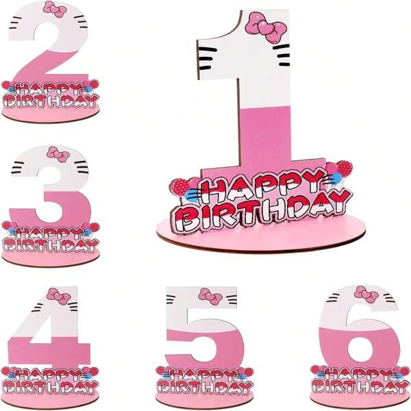 Sanrio 1 pieza Decoración central con número de cumpleaños, número de madera rosa con base, decoraciones de fiesta de cumpleaños, decoraciones de número de mesa, decoraciones de número rosa de Hello Kitty, regalos de fiesta, decoraciones de 1er cumpleaños