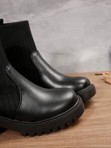 女士秋冬时尚黑色切尔西靴，复古弹力针织拼布短靴，舒适厚底靴，适合返校季、散步和日常穿着 - 黑色 - 查看 4