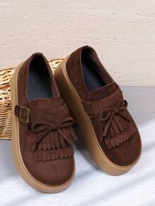 女士厚底蝴蝶结流苏扣厚底平底乐福鞋，玛丽珍一脚蹬鞋，韩版 - 深棕色 - 查看 2