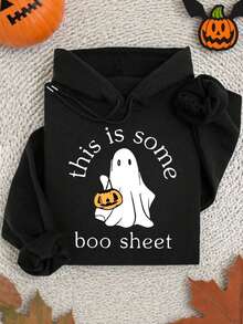 Women's Casual Loose Fit Halloween Ghost & Slogan Print Sweatshirt, Autumn Winter