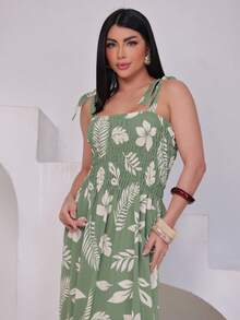 Long Printed Latex Dress With Straps - Green - View 7