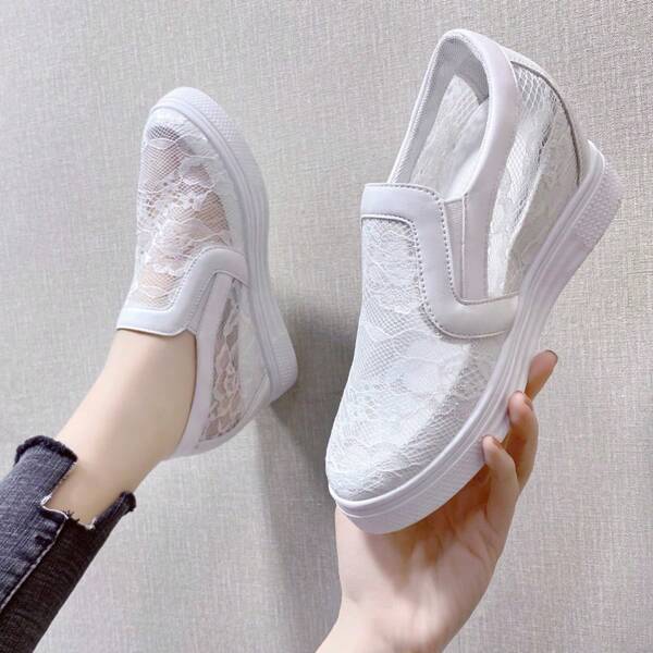 2025 Increase Height Women's White Mesh Hollow Wedge Sneakers, Breathable Perforated Platform Casual Shoes, Summer