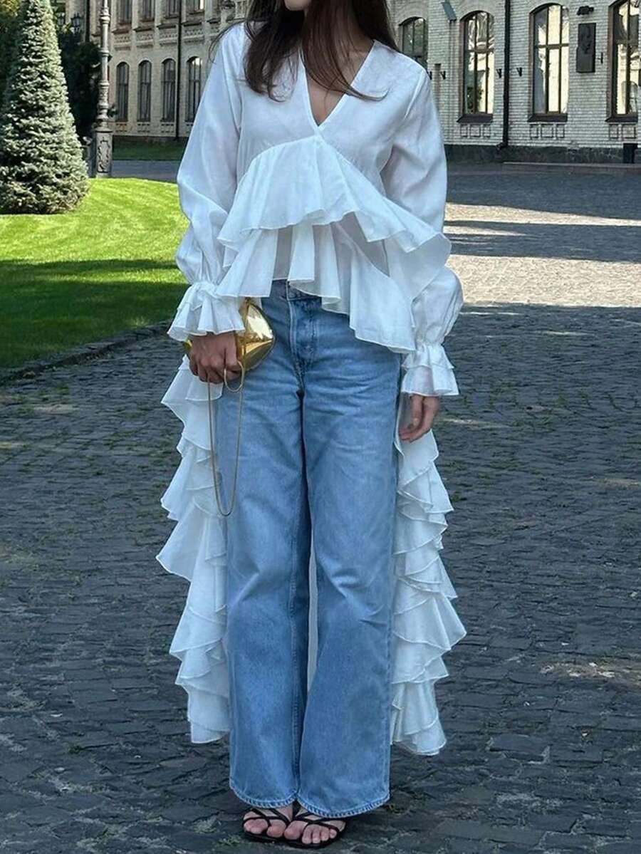 Loose White Women's Blouse, 2025 Fashion V-Neck Long Sleeve Shirt, Elegant Asymmetrical Ruffle Hem Top, Woven Fabric With Pleated Ruffle Trim, Graceful For Daily Wear, Spring & Autumn - White - View 1