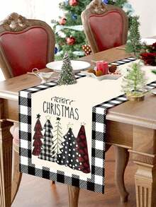 1pc Linen Merry Christmas Table Runner, Black & White Plaid Christmas Tree Pattern Table, Holiday Tabletop Decor Fabric For Winter Home Decor And Festive Celebration, Holiday Party, Christmas Party, Halloween Decoration, Holiday Decoration, Festive Decoration, Party Favor, Fun Christmas Party Decor, Christmas Holiday, Happy New Year, Christmas Decoration, Perfect Christmas Gift For Friends Christmas Decorations Home Christmas Gifts Christmas Decor