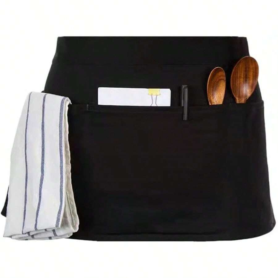 Cotton Linen Aprons With Pockets For Baking Funny Printed Aprons For BBQ Parties Server Aprons With 3 Pockets Black Server Waist Aprons Waitress Half Apron Waterdrop Resistant Waitress Apron Insulated Aprons For Hot Food Handling - Black-1Pack - View 1