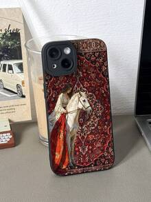 白色黑色复古时尚手机壳 1 件装 北欧复古地毯女王与骏马图案 黑色猫眼全包手机壳 兼容 11/12/13/14/15/16 Pro Max 防水防震防摔防刮花 周年纪念礼物 派对生日 春季 - 彩色 - 查看 3