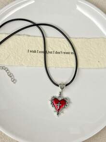 Dây chuyền da hình trái tim gai đỏ phong cách Gothic cổ điển, dây chuyền choker thánh giá tối màu phóng đại cho lễ Halloween - Trái tim - Xem 11