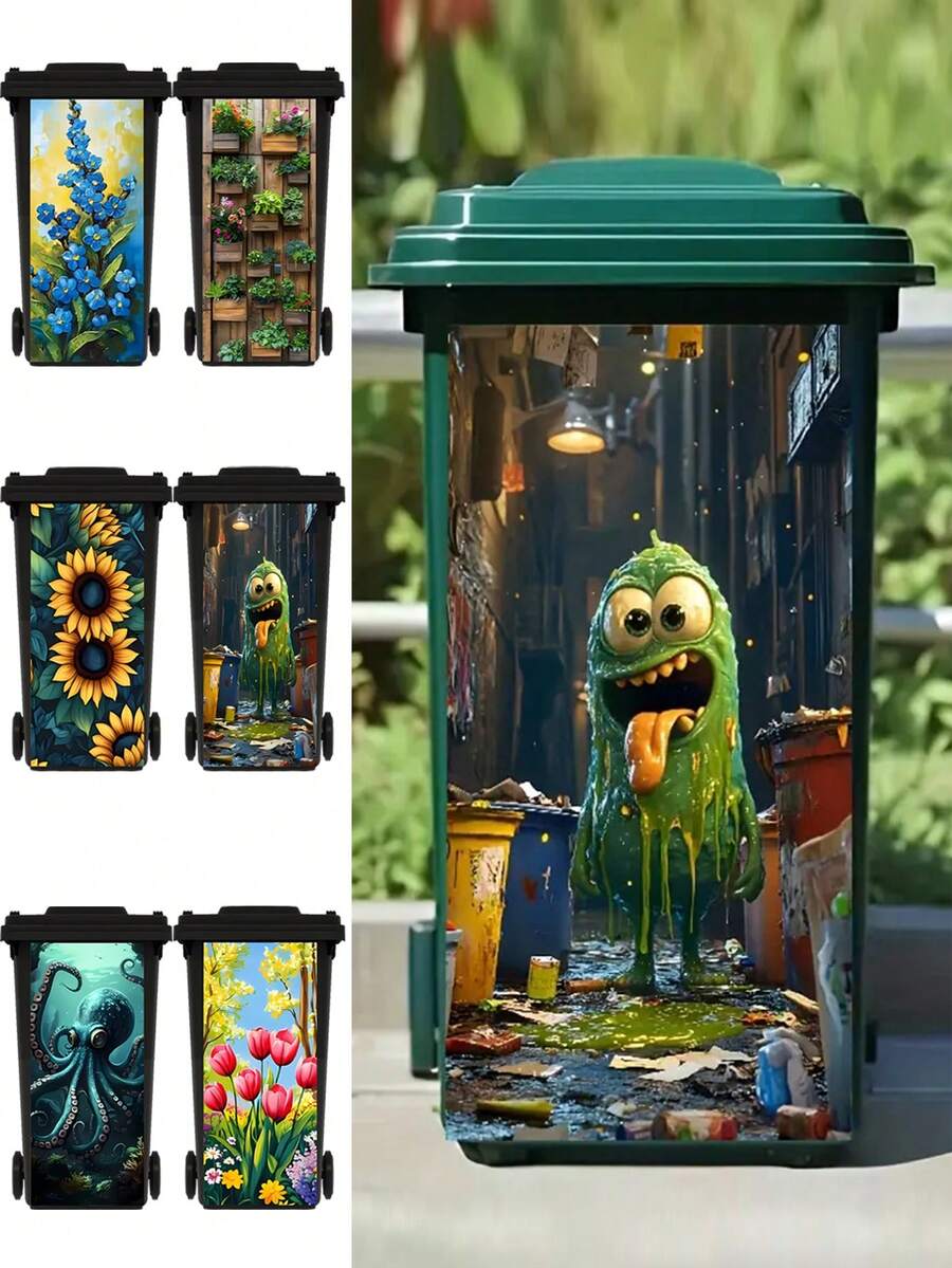 3D卡通垃圾人物花卉印花垃圾桶贴纸防水PVC户外垃圾桶海报可撕贴纸4种尺寸房间装饰墙面装饰墙贴墙贴