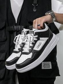 Men's Retro Colorblock High-Top Leather Patchwork Sneakers, Minimalist Thick Sole Versatile Commuter Casual Shoes - White and Black - View 2