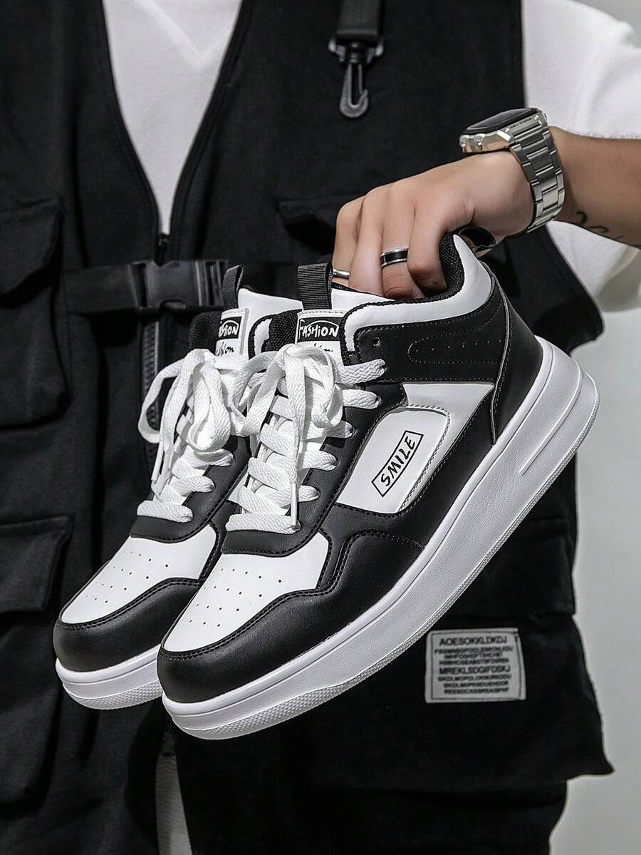 Men's Retro Colorblock High-Top Leather Patchwork Sneakers, Minimalist Thick Sole Versatile Commuter Casual Shoes