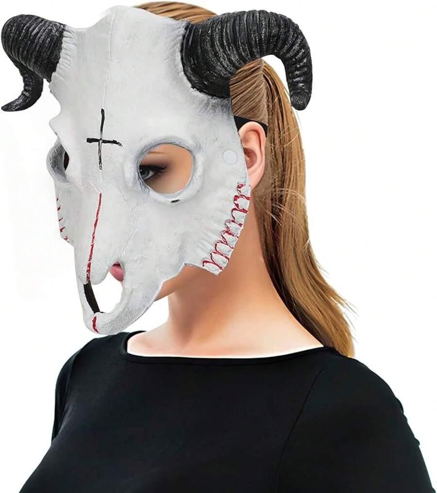 áscara gótica de cráneo de cabeza de cabra, cuernos de carnero,áscara de disfraz de cráneo de Animal,áscara de demonio malvado, disfraz de disfraz de Halloween - Cabra sangrienta - Ver 1