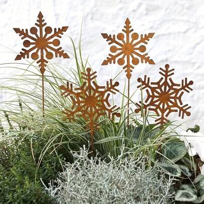2pcs/4pcs Decorative Snowflake Garden Stakes, Rusty Metal Silhouette For Christmas Garden Decor, Yard Art Stakes Set