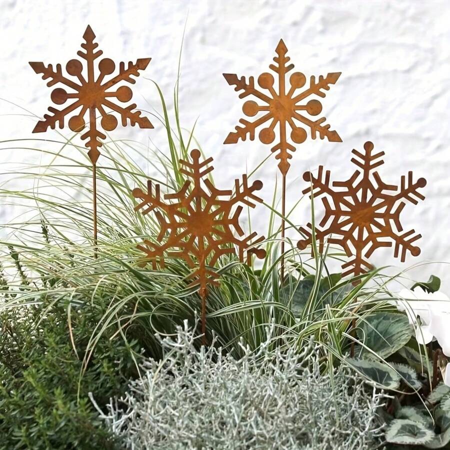 2pcs/4pcs Decorative Snowflake Garden Stakes, Rusty Metal Silhouette For Christmas Garden Decor, Yard Art Stakes Set