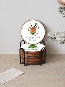 Set de 6 suporturi de pahare din lemn de Crăciun cu suport metalic, elegante de înaltă calitate cu Moș Crăciun, ren, om de turtă dulce, om de zăpadă, suporturi de pahare din lemn pentru brad de Crăciun, potrivite pentru decorul casei, măsuța de cafea din sufragerie, ceaiul de după-amiază, cafenea, restaurant, cadou