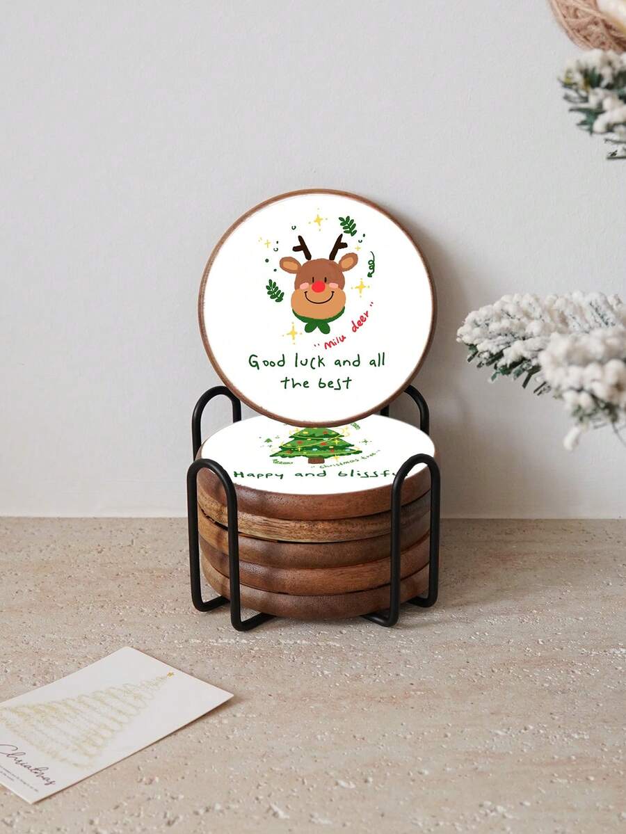 Set de 6 suporturi de pahare din lemn de Crăciun cu suport metalic, elegante de înaltă calitate cu Moș Crăciun, ren, om de turtă dulce, om de zăpadă, suporturi de pahare din lemn pentru brad de Crăciun, potrivite pentru decorul casei, măsuța de cafea din sufragerie, ceaiul de după-amiază, cafenea, restaurant, cadou