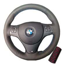 Volante de coche de cuero negro completo, funda de cuero suave trenzada para BMW E81 E90 Pack M Sport M3 E91 E92 E93 E87 E82 E88 X1 E84 - Tres hilos - Ver 8