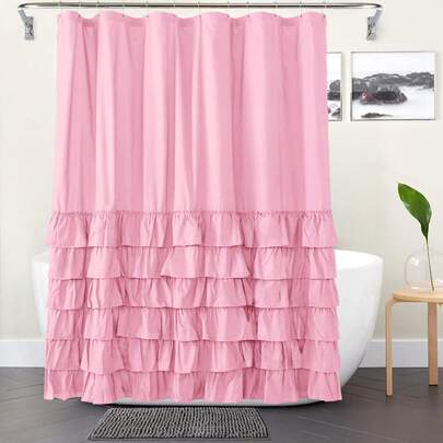 1pc Solid Color Layered Ruffle Trim Shower Curtain - Bathroom Decorative Partition, Bathroom Accessories, Home Decor, 72*72inch/182cm*182cm Fall Decor Back To School