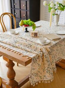 1 pieza Mantel con estampado elegante y flecos - Cuadrado de poliéster, a prueba de polvo y decorativo para cocinas, comedores, salas de estar, fiestas, vacaciones y barbacoas al aire libre, decoración de mesa/mantel decorativo/decoración con flecos