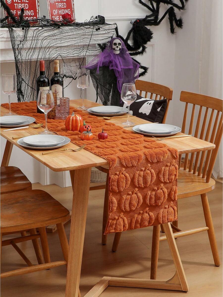 1pc Halloween Restaurant Decor Embroidered 3D Table Runner Tablecloth Decoration, Suitable For Kitchen, Home Dining Table, Holiday Party - Caramel - View 1