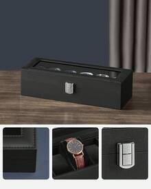 Watch Box With 6 Slots, Watch Case With Glass Lid, Watch Display Box With Removable Watch Pillows, Metal Clasp, Gift Idea, Black Synthetic Leather, Black Lining - Black - View 4