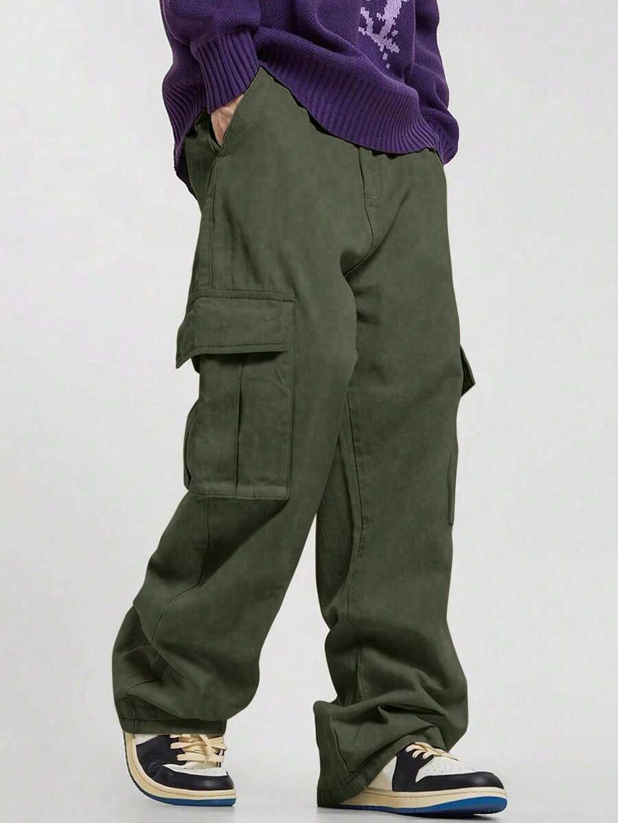1件青少年/青年休闲直筒口袋裤，时尚街头风户外百搭 - 軍綠色 - 查看 1