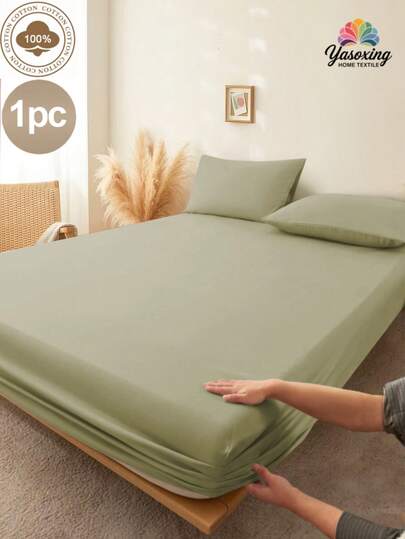 1pc 100% Cotton Light Green Color Fitted Sheet Deep Pocket Plain Soft Breathable Bedding Fitted Sheet For Bedroom All-Season Comfortable Mattress Protector, Mattress Cover For Bed, Bed Sheet, Soft And Breathable, For All Size Bed -Twin, Full, King, Queen Size Sheet Deep Pocket Up To 11.8 Inch Deep Pocket Bed Sheet Bedspread Back School Bedding Dormitory Sheet