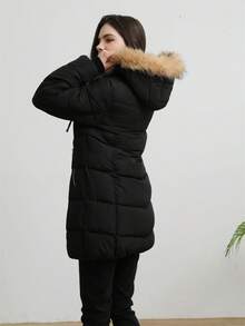 HODAHUKU Women's Winter Down Jacket With Detachable Faux Fur, Stylish, Warm, Windproof Parka Coat, Mid-Length Slim Fit Winter Top, Hooded Long Sleeved Winter Outdoor Top, Suitable For Outdoor Activities, Hiking, Camping - 黑色 - 查看 5