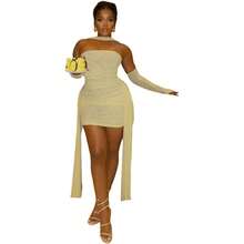 Fashion New Women's Halter Neck Sleeveless Mesh Ribbon Ruched Sexy Short Dress Set - Pink (with Scarf) - View 6