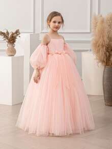 少女泡泡袖细肩带蝴蝶结装饰网眼公主裙，适合生日派对、花童、婚礼、舞会、节日场合