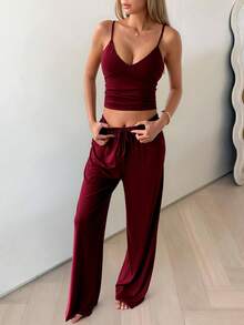 GAOVOT 2pcs Women's Sexy Casual Deep V Backless Camisole And Loose Straight Leg Pants Set, Autumn Summer Elegant - Burgundy - View 4