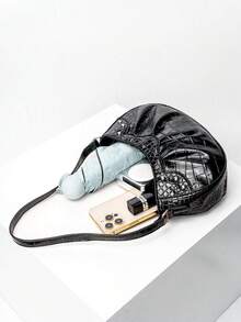 1pc Women's Crocodile Grain Minimalist Underarm One Shoulder Baguette Bag, Rivet Fashion Shoulder Bag, Coin Purse, Suitable For Daily Use, Ideal Gift Choice - Black - View 5