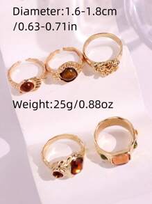 5 件套复古奢华百搭个性化优雅闪亮金虎眼石和彩色水晶镶嵌女士戒指套装，节日珠宝