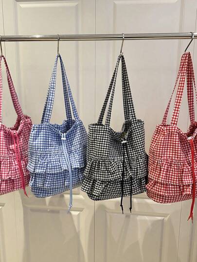 Casual Plaid Drawstring Pleated Hem Large Capacity Shoulder Tote Bag, Women's Shopping Bag