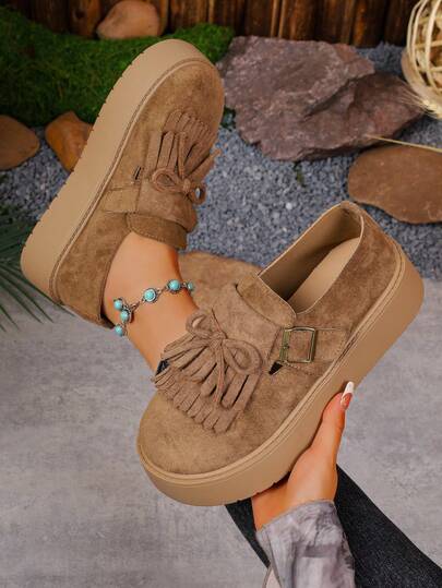 Bailarinas con suela gruesa y decoración de lazo, borla y hebilla para mujer, estilo coreano de plataforma tipo Mary Jane