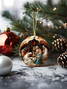 12件/1件 耶稣诞生场景装饰品，2D平面印刷圣诞耶稣主题圆形木质挂牌套装，圣诞树节日装饰，经典圣母玛利亚和耶稣诞生图案，适合新年、圣诞节、感恩节和其他纪念日装饰客厅和教堂，适合作为精美的家庭礼物赠送朋友，2D平面木质，冬日仙境装饰家居派对 - 彩色 - 查看 5