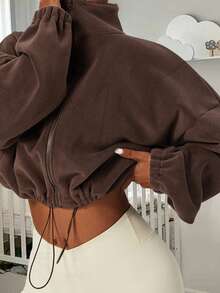 Women's Fleece Jacket Fashion Long Sleeve Stand Collar Zip Up Jacket Fall Winter Outwear - 咖啡色 - 查看 4