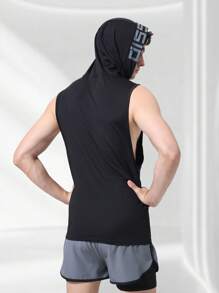 Men's Casual Letter Printed Comfortable Sleeveless Hooded Sports Vest, Fitness Basketball Running Activewear, Stretchy Top For Spring/Summer