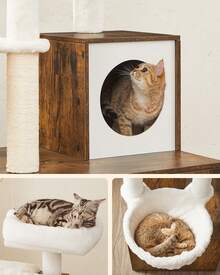 Feandrea WoodyWonders Cat Tree With Litter Box Enclosure, 2-In-1 Modern Cat Tower, Cat Condo With Scratching Posts, Removable Pompom Sticks, Washable Cushions, Rustic Brown - 棕色 - 查看 6