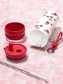 1pc 710ml/24.98oz Bow Insulated Cup,Cherry Insulated Cup,Portable Drawstring Water Cup,Large Capacity Insulated Cup,Insulated Cup With Straw,Reusable Cup,Accompanying Coffee Cup,Stainless Steel With Cover Lid