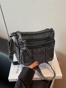 1件装女士休闲牛仔斜挎包，多拉链封口小方包，多口袋休闲单肩包，适合日常使用，经典牛仔风格，绗缝拼接装饰，迷你斜挎包是送给想要更轻便、更方便的女孩的最佳礼物。