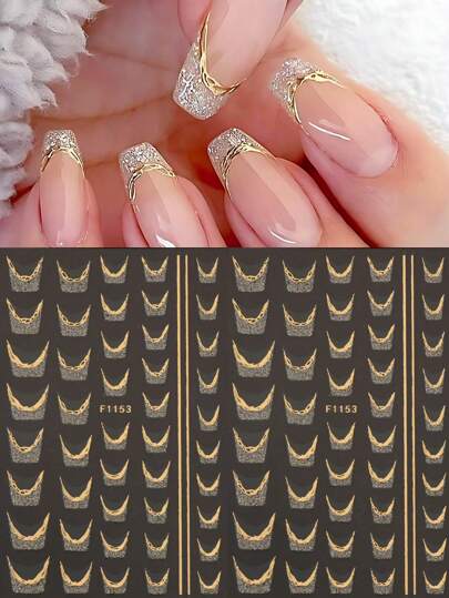FULL BEAUTY 2pcs Golden Glitter French Line Nail Stickers Y2K Metal Lace Stripe Line Tape Nail Decals Nail Charms Manicure Decorations Nail Supplies