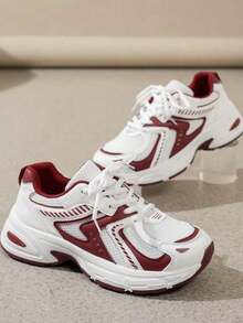 女士圆头系带厚底学生休闲舒适跑步运动鞋 - 紅色 - 查看 4