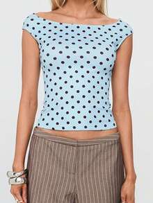 Womens Summer T Shirts Short Sleeve Crop Tops Boat Neck Dot Print Slim Fit Blouses - 淺藍色 - 查看 1